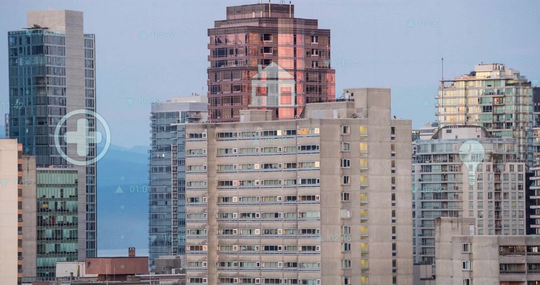 Digital Financial Data Overlay on Urban Cityscape at Dusk