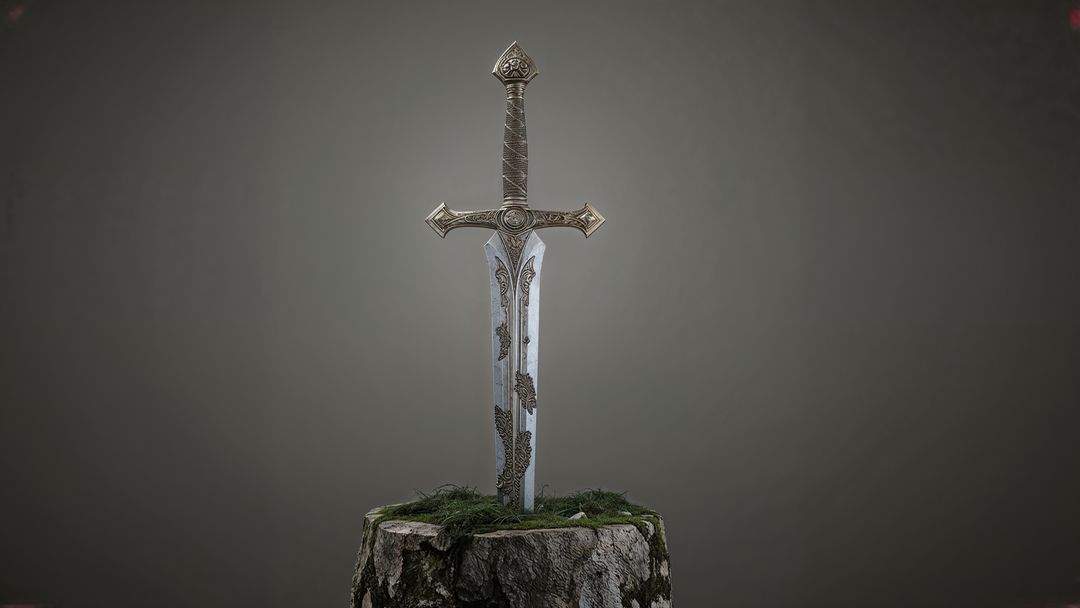 Intricately Engraved Medieval Sword in Mossy Stump on Gray Background