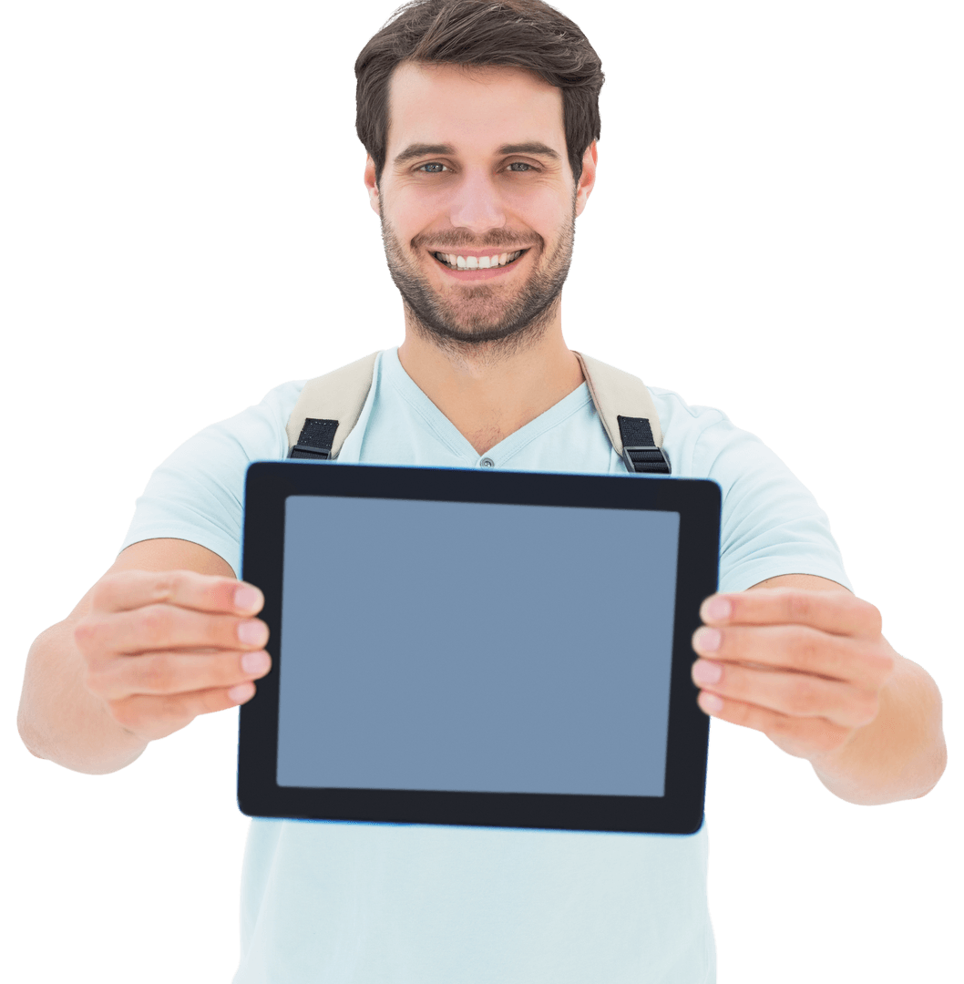 Smiling Man with Backpack Holding Tablet Transparent Background