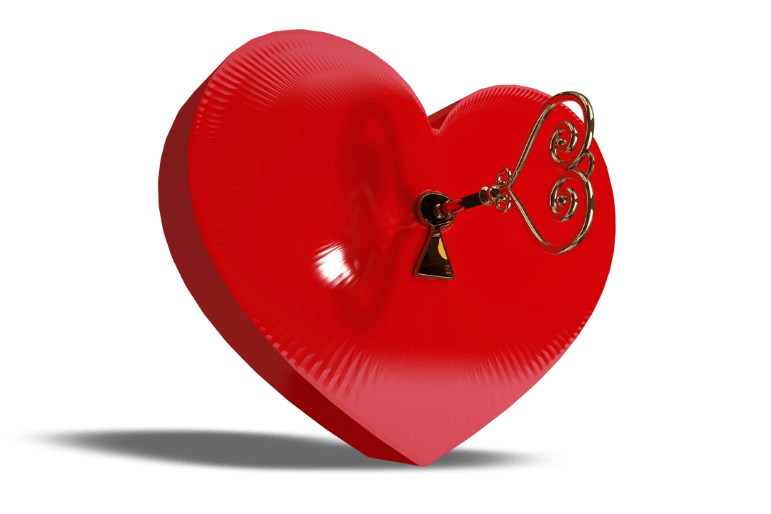 Red Heart with Ornate Key on Transparent Background Illustrating Love