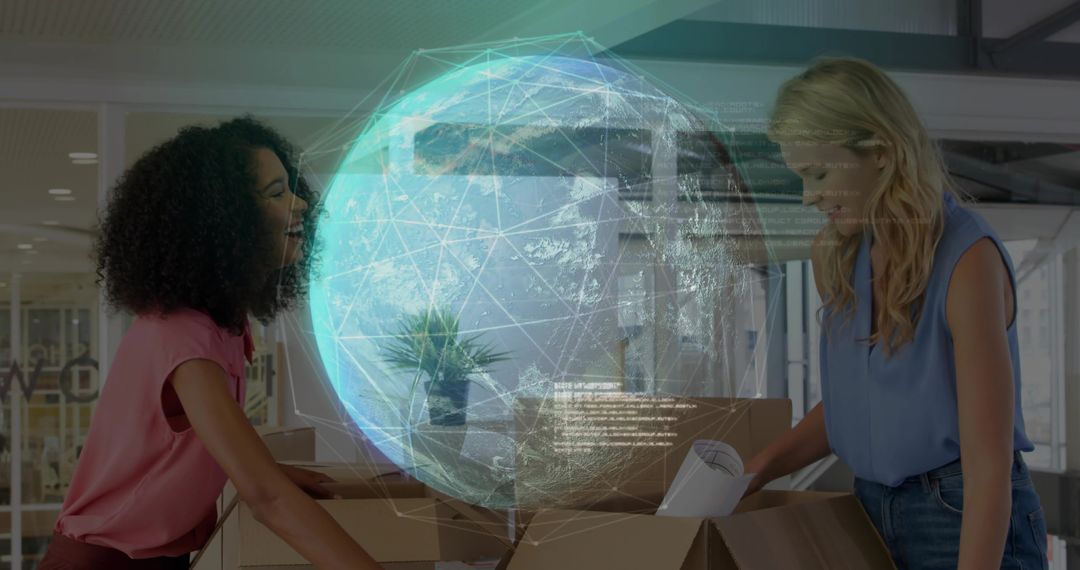 Team Collaborating with Futuristic Holograph Globe in Modern Office