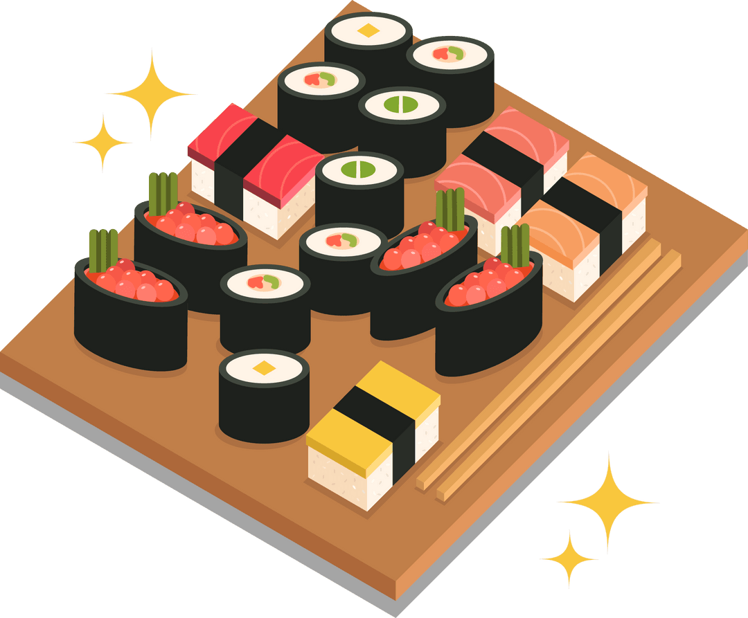Sushi Feast on Floating Wooden Tray with Sparkles Transparent Design