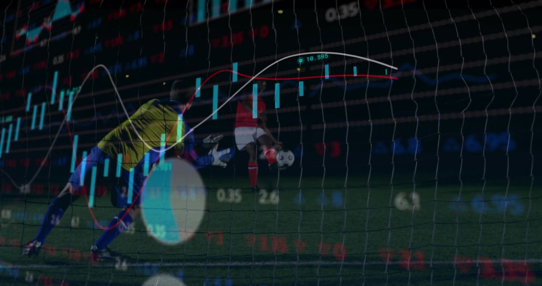 Diving Goalkeeper with Digital Financial Graph Overlay in Night Match