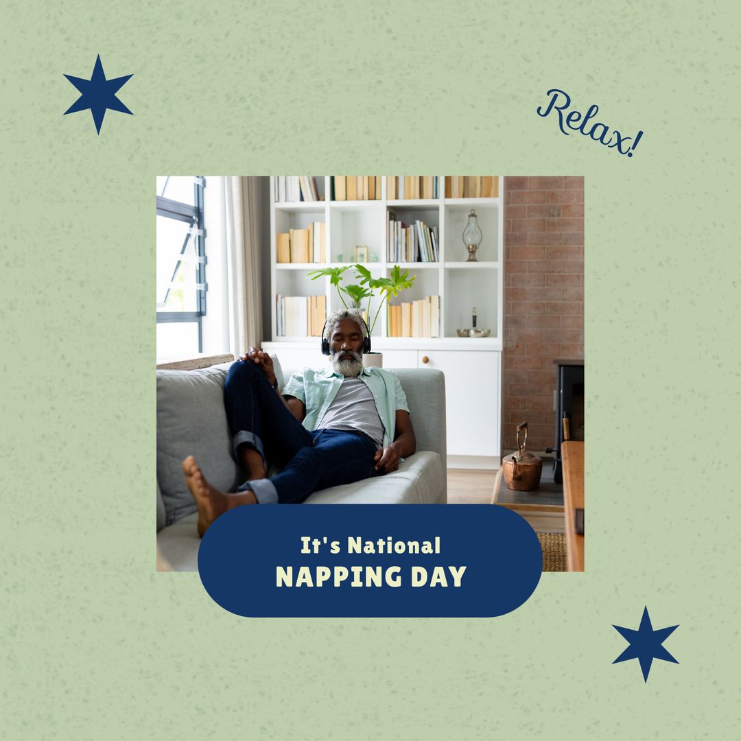Senior Man Relaxing on National Napping Day with Headphones
