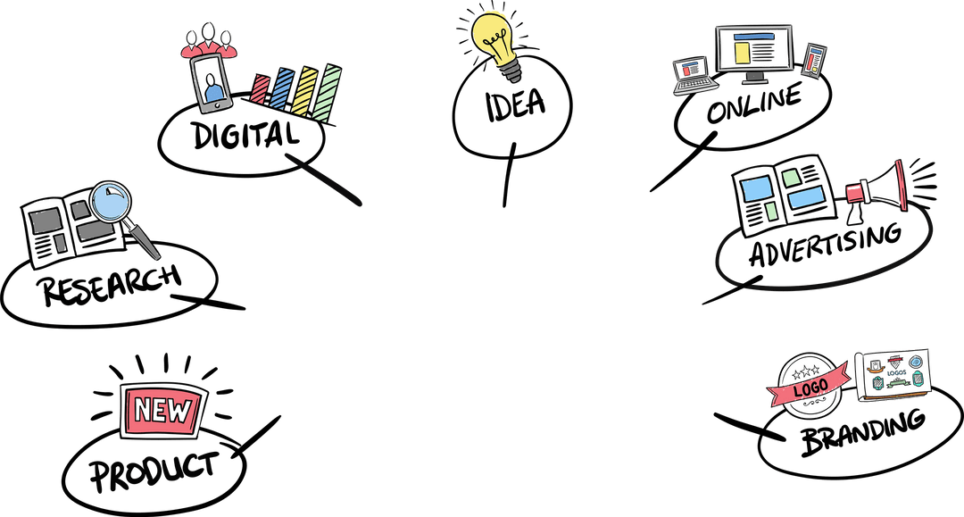 Business Icons and Text Collaborating on Transparent Background