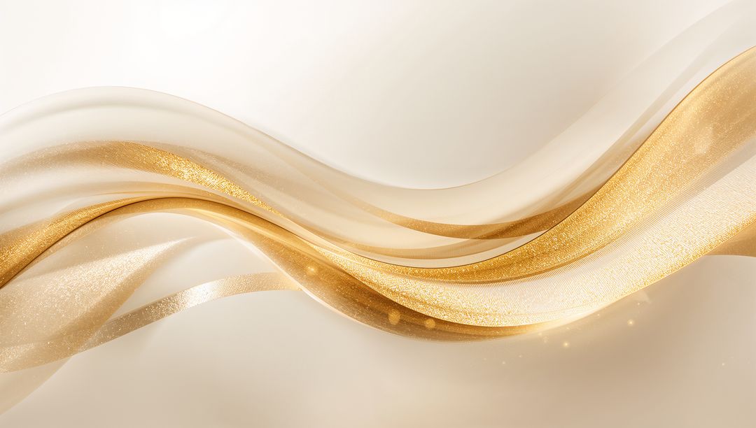 Flowing Gold Ribbon Wave on Cream Background with Sheer Layers and Glittering Bokeh