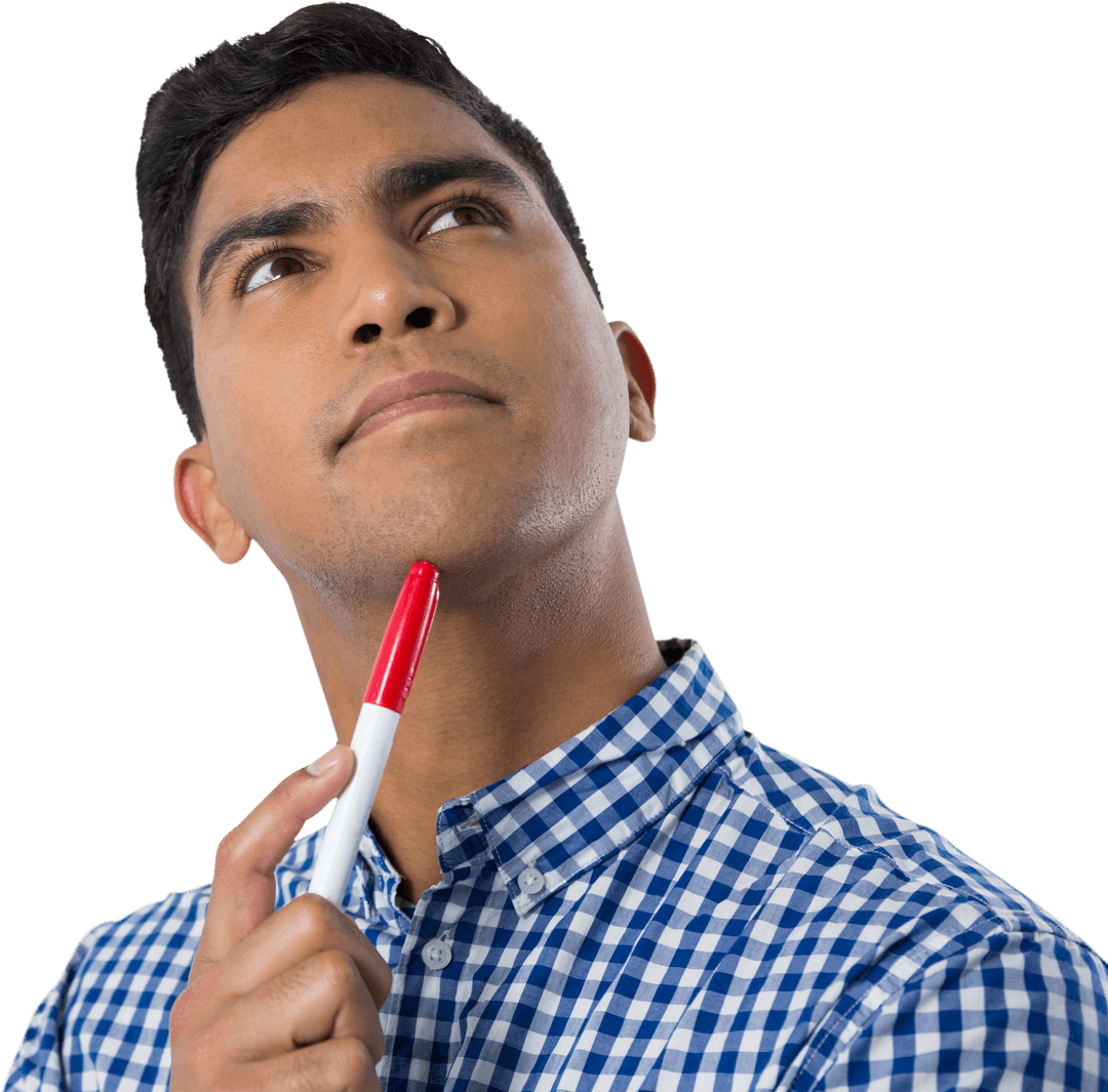 Thoughtful Man in Checkered Shirt Holding Pen Transparent Background