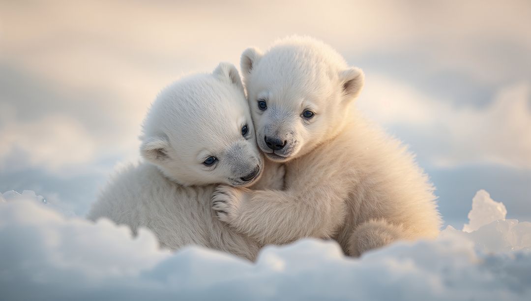 Cuddling polar bear cubs on snowy tundra under soft golden sunrise light