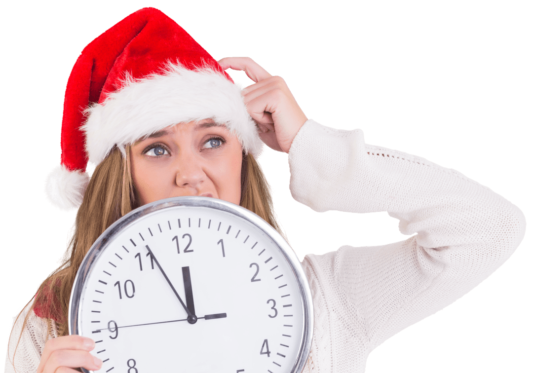 Woman in Santa Hat Showing Transparent Clock for Christmas Countdown