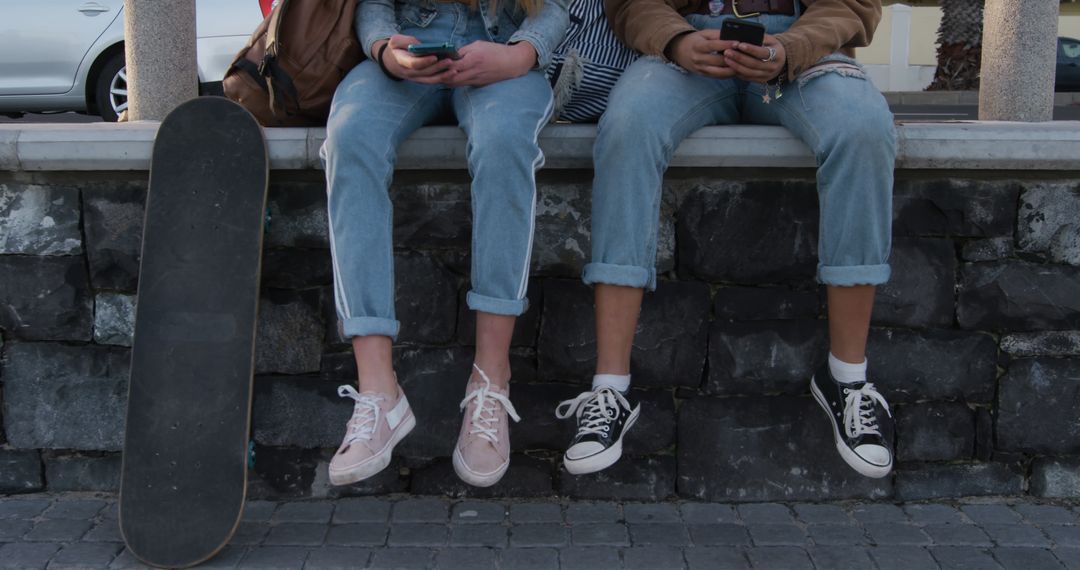 Teenagers Sitting on Wall Using Smartphones with Skateboard - Free Images, Stock Photos and Pictures on Pikwizard.com