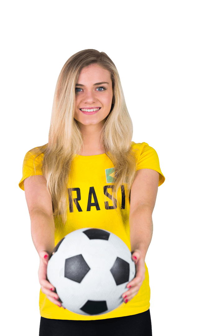 Smiling Woman Offering Soccer Ball in Transparent Background
