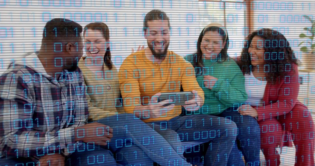 Laughing and gaming friends on couch with digital binary overlay for tech concept