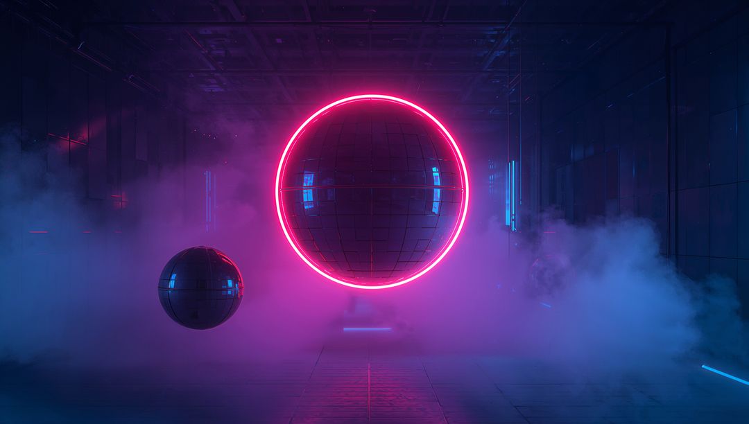 Hovering Reflective Orb with Magenta Neon Halo in Futuristic Fog-Filled Chamber