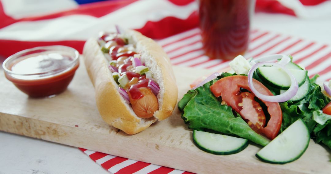 Picnic Style Hot Dog with Fresh Salad on Wooden Board - Free Images, Stock Photos and Pictures on Pikwizard.com