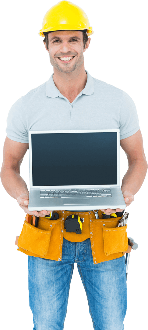 Transparent Happy Carpenter Holding Laptop Construction Tech Concept