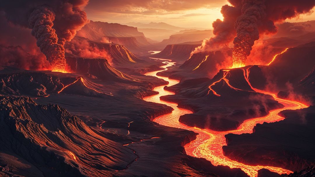 Fiery Volcanic Eruption with Flowing Lava