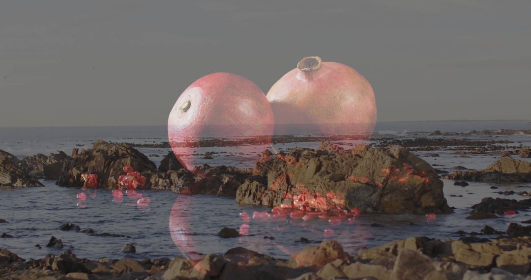 Surreal Floating Pomegranates Over Coastal Tidal Pools