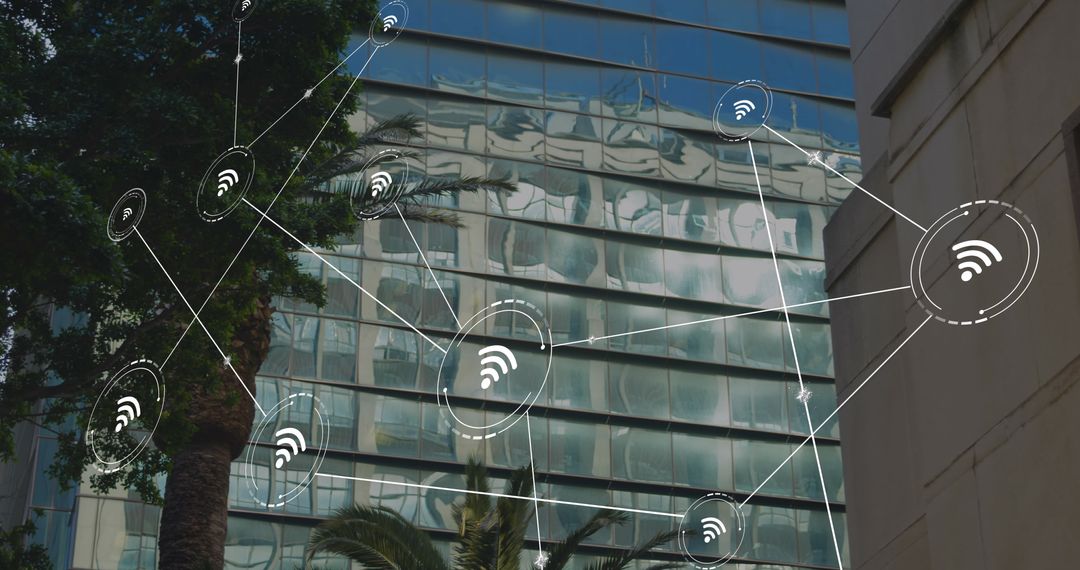 Network Connections Overlay on Modern Urban Architecture