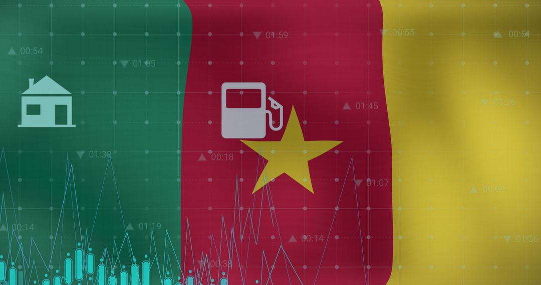 Cameroon Flag Overlay with Digital Finance Elements
