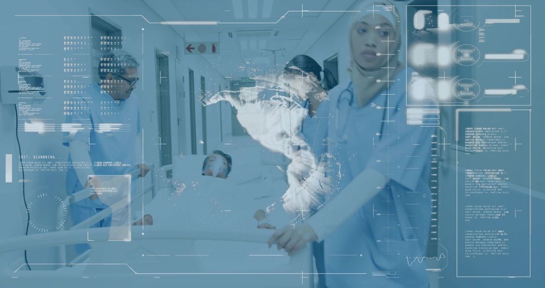 Medical Team Speeding with Patient in High-Tech Hospital Corridor