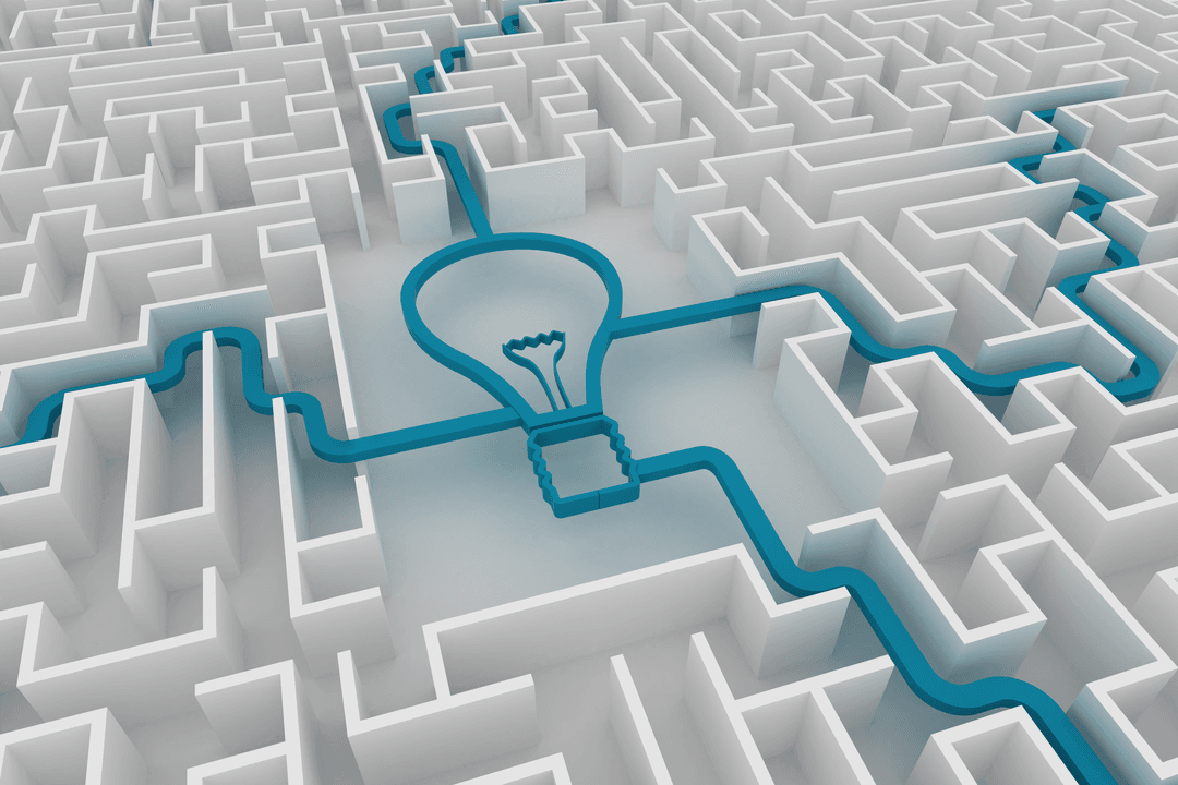 Transparent Light Bulb in 3D Maze Represents Insight