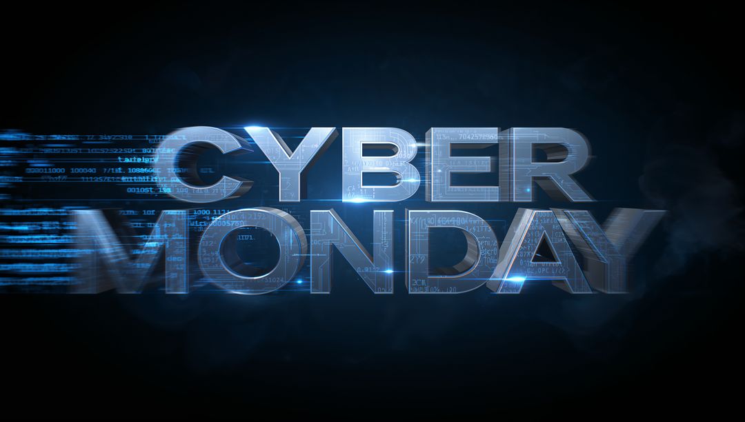 Glowing Metallic-Blue Cyber Monday 3D Typography with Neon Binary Code and Motion