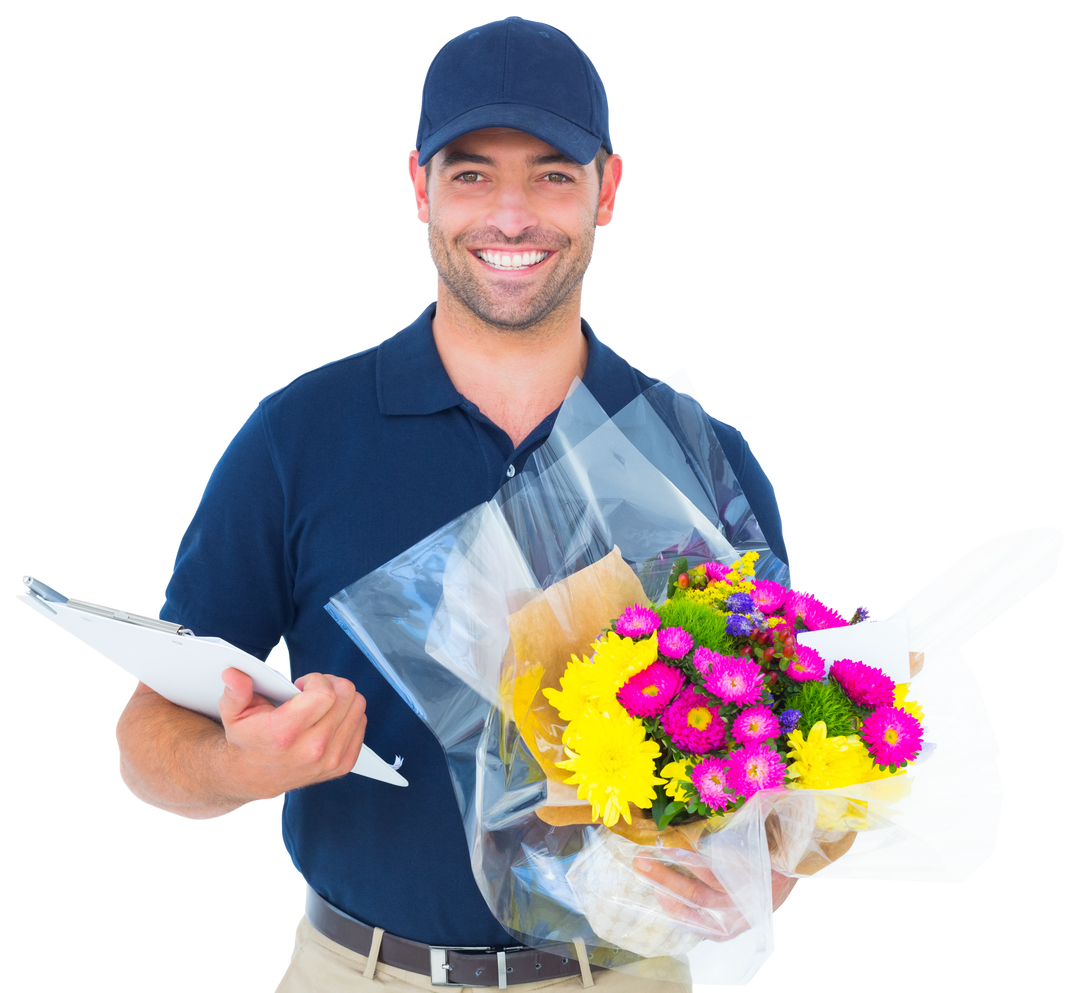 Transparent Smiling Flower Delivery Man Holding Bouquet and Clipboard - Download Free Stock Images Pikwizard.com