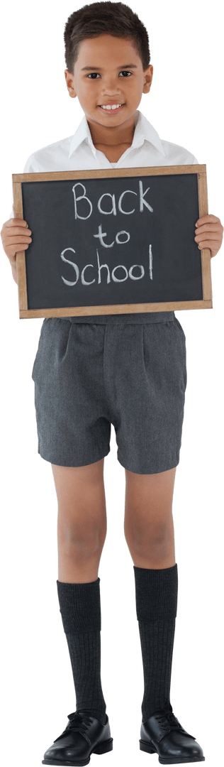 Transparent Portrait of Smiling Schoolboy with Back to School Sign