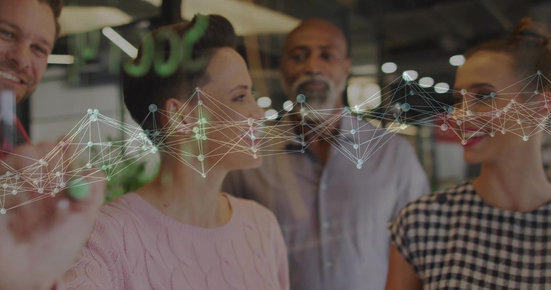 Colleagues Discussing Network Graph on Glass Board in Modern Office
