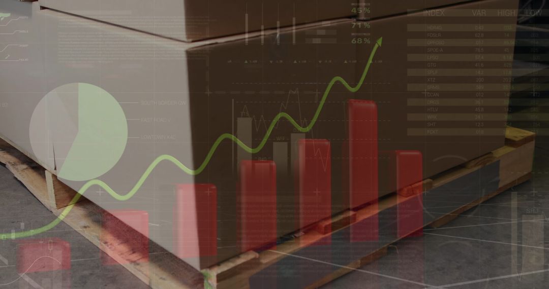Digital Data Overlay on Warehouse Boxes Indicating Growth and Analytics