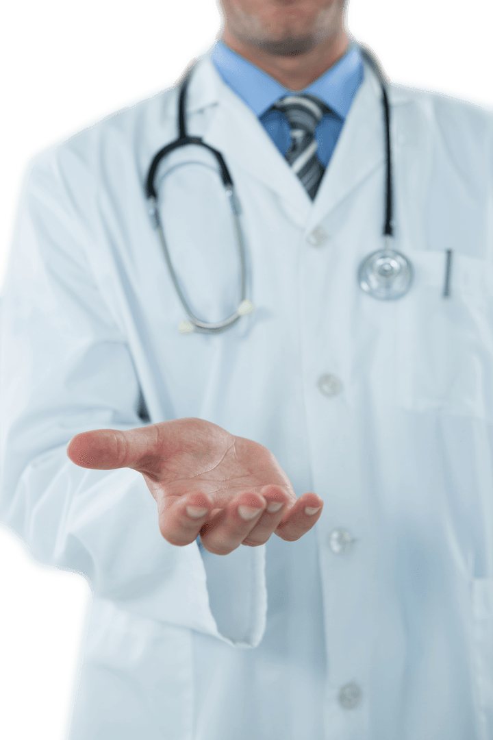 Midsection of Doctor with Open Hand Gesture on Transparent Background