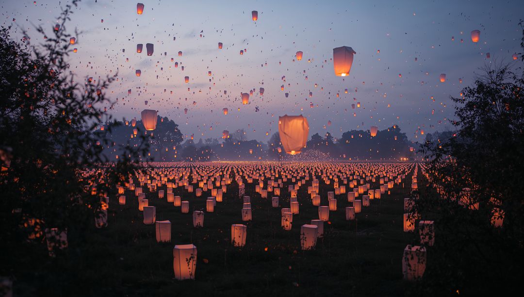 Glowing Dusk Sky Lanterns Floating Over Illuminated Landscape