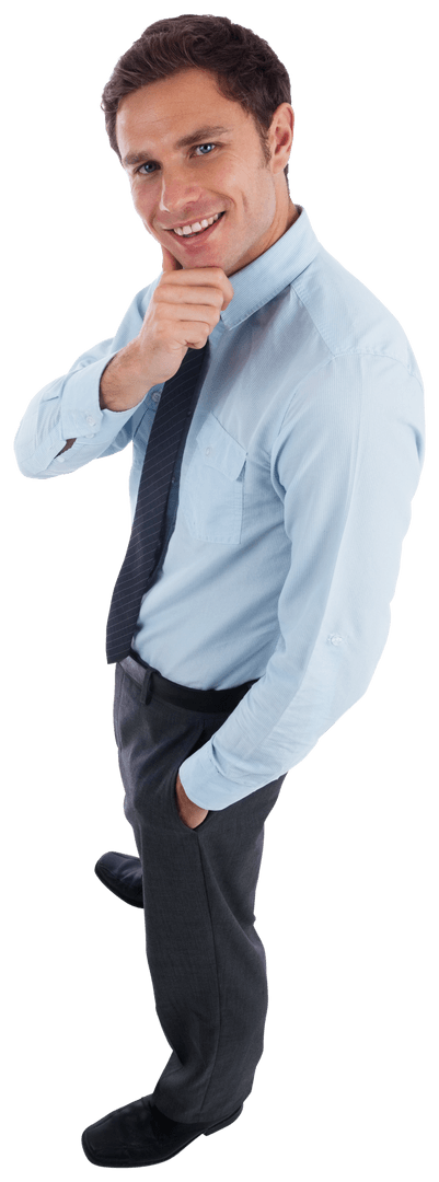 Thinking Businessman Smiling with Hand on Chin on Transparent Background