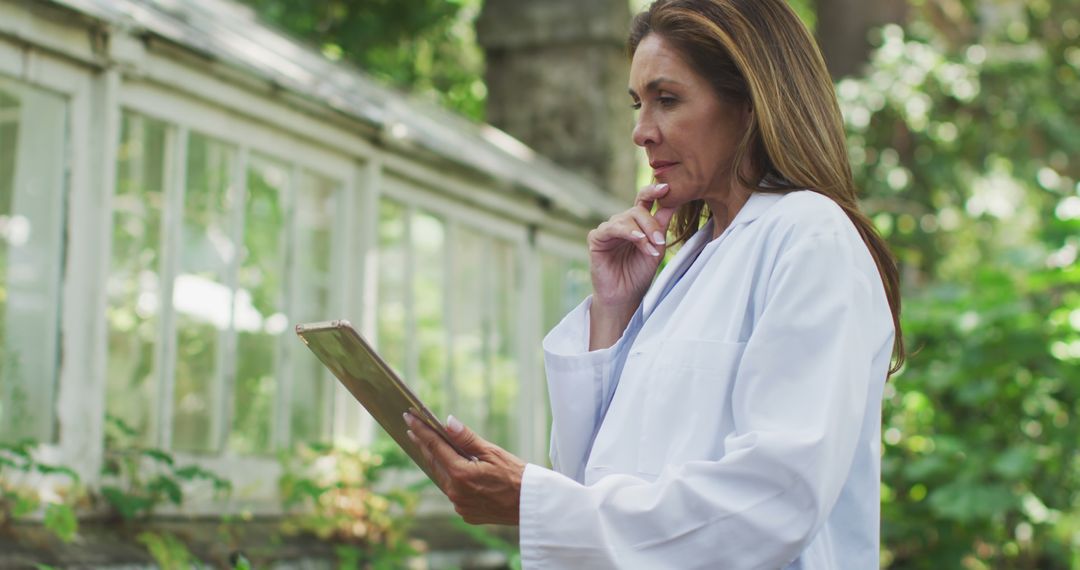 Female Scientist Analyzing Data on Tablet in Outdoor Research Facility - Free Images, Stock Photos and Pictures on Pikwizard.com