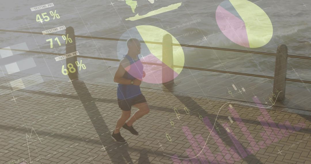 Senior Man Jogging by Waterfront with Fitness Data Graphics