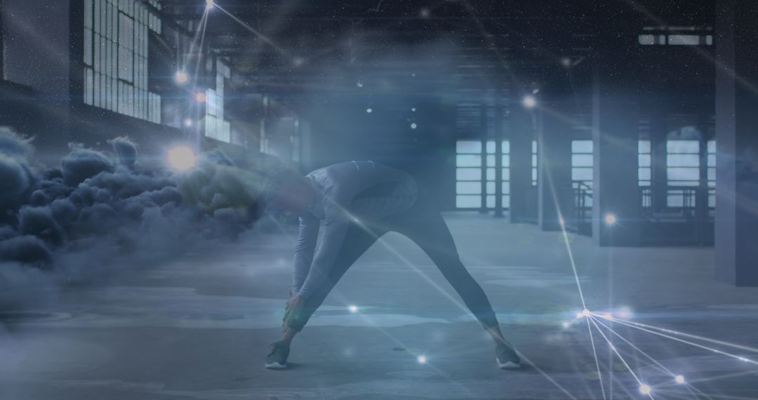 Woman Stretching in Futuristic Gym with Digital Overlay - Free Images, Stock Photos and Pictures on Pikwizard.com