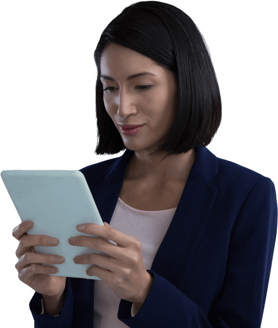 Transparent Businesswoman Using Digital Tablet in Office Attire