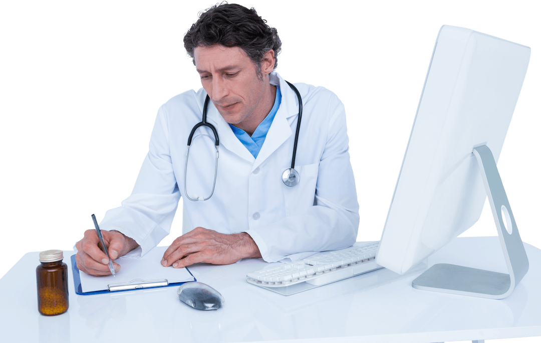Transparent Professional Doctor Writing at Modern Desk