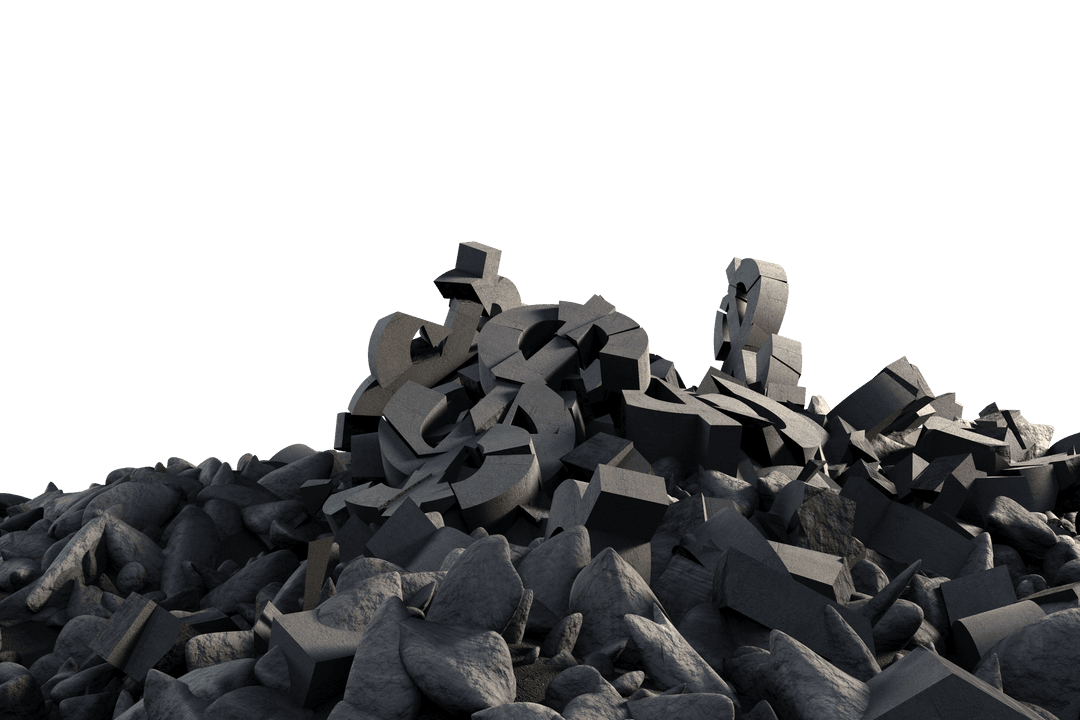 Pile of Transparent 3D Letter Rubble Amid Rocks