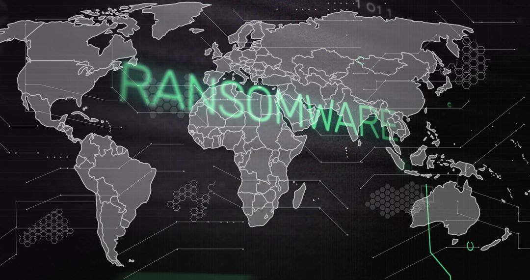 Digital World Map with Ransomware Warning and Network Overlay