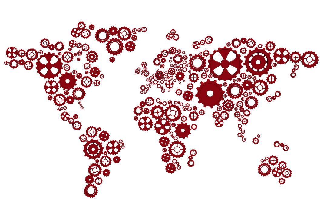 World Map Composed of Dark Red Cogs on Transparent Background