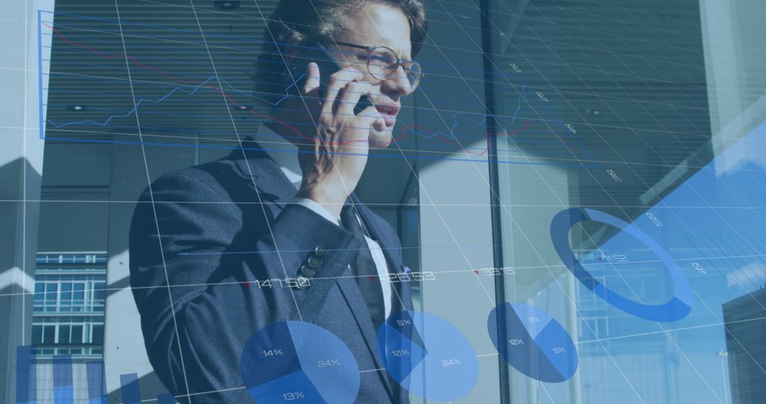 Caucasian Businessman Talking on Phone with Financial Data Overlay