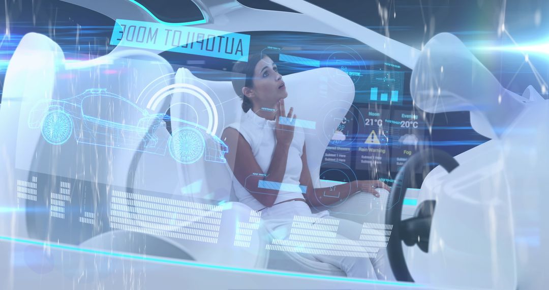 Futuristic Woman Analyzing Data in Autonomous Car Interface