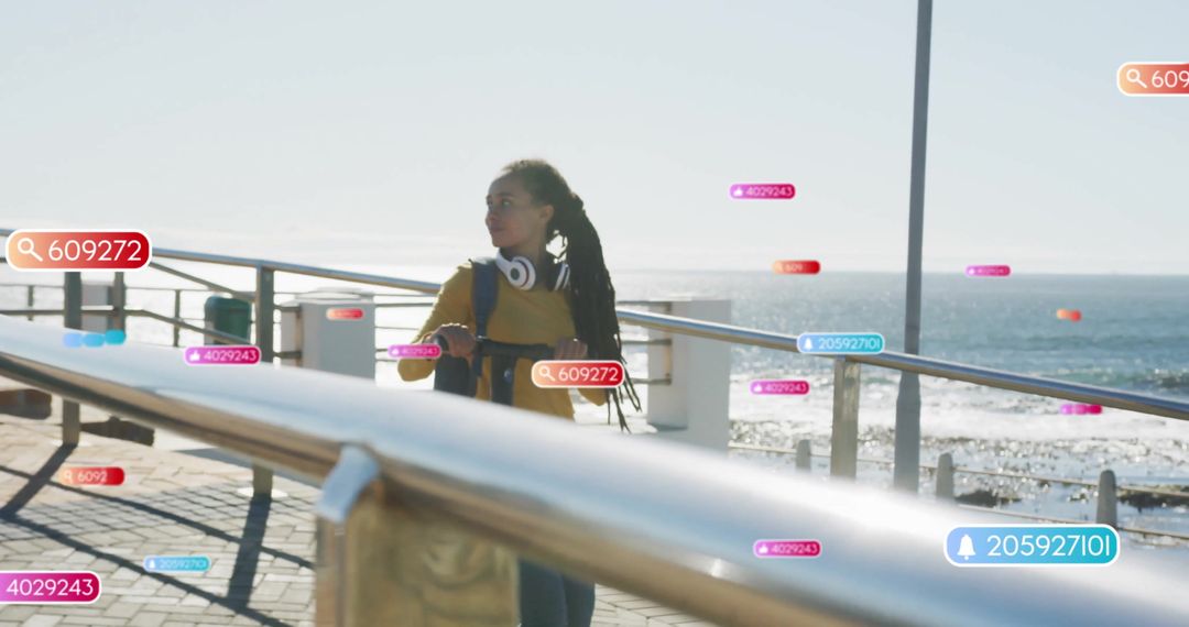 Woman with Backpack Overlooking Digital Interface on Promenade