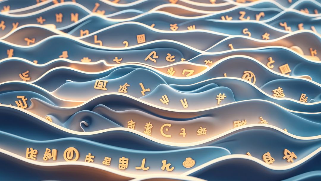 Undulating Blue Surfaces with Glowing Golden Symbols