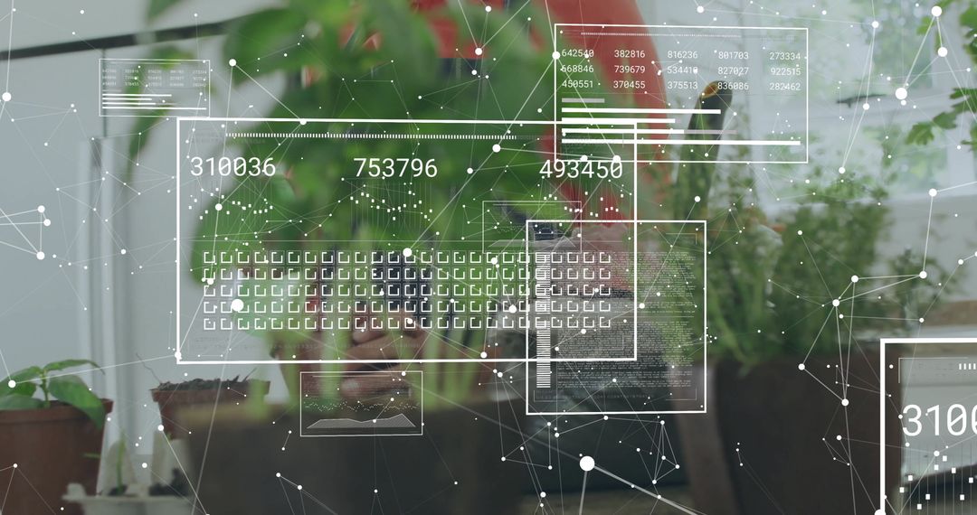 Digital Data Visualization Over Woman Caring for Indoor Plants