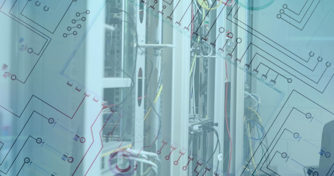 High-Tech Office with Transparent Technological Diagrams Overlay