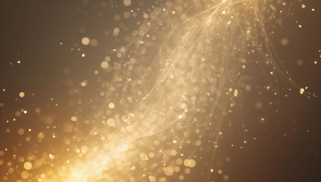 Flowing golden light stream sweeping diagonal with bokeh glow and sparkling filaments