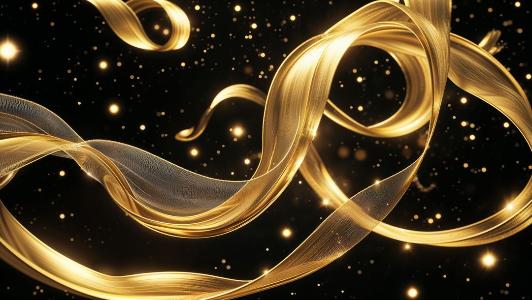 Elegant Gold Ribbons Flowing in Abstract Space, Shimmering with Particles