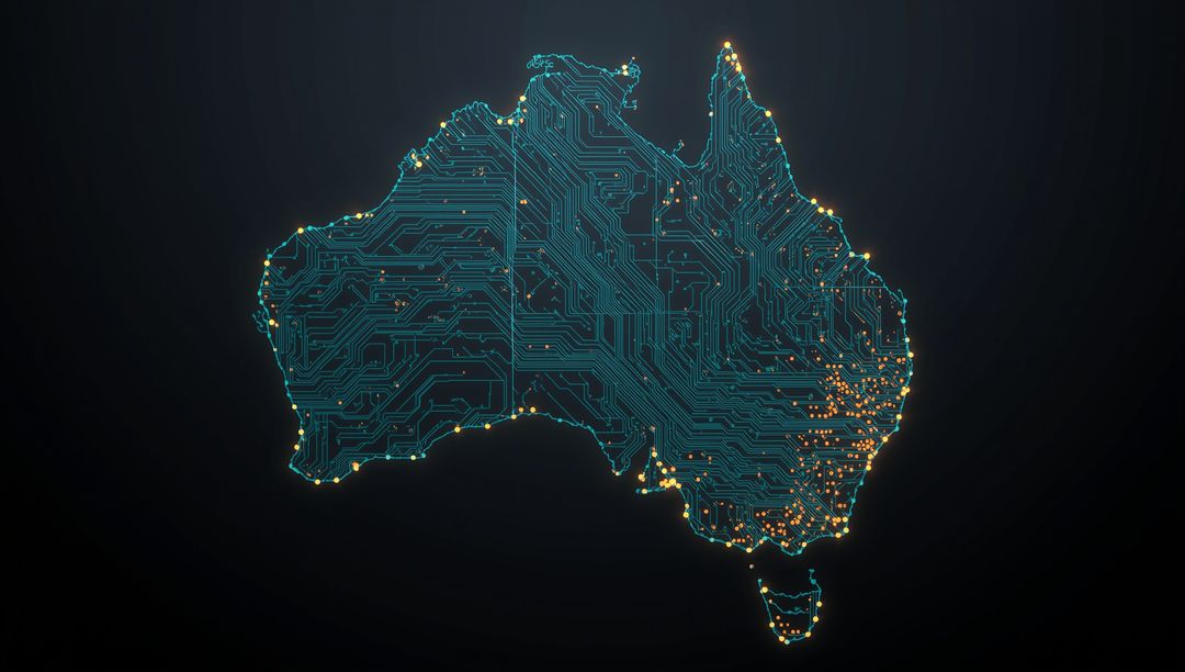 Digital Circuit Map of Australia, Glowing Connections on Dark Background